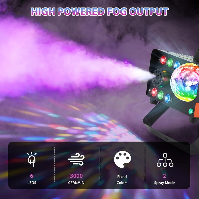 HAKUTA Store آلة الضباب، آلة الدخان مع ضوء الكرة المتلألئة وأضواء LED RGB، رش 3000 CFM مع وظيفة الرش التلقائي، رائعة للهالوين، عيد الميلاد، الزفاف، الأداء المسرحي والحفلات - Image 3